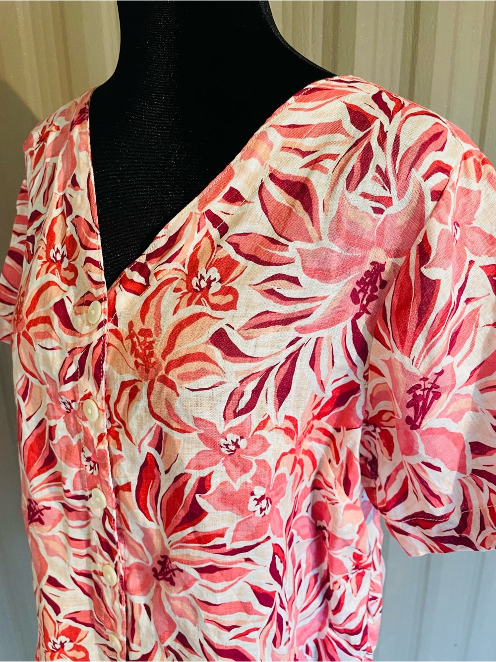 Garnet Hill 100% Linen Button Top European Flax Floral Relaxed Crop Tropical S